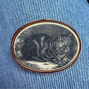 Vintage Tiger Tabby Cat Pin MFA Museum Faux Scrimshaw MMA Kitty Kitten Beautiful